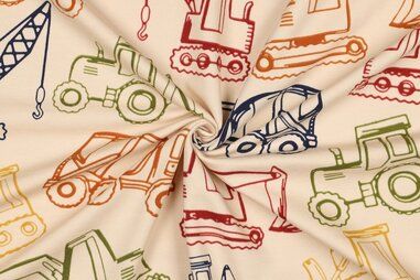 Jongens stoffen - Tricot stof - French Terry - werkvoertuigen - zand - 24/4137-005