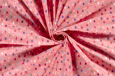 Kussen stoffen - Kerststof - katoen poplin - kerstbomen en kerststerren - roze - 20769-012