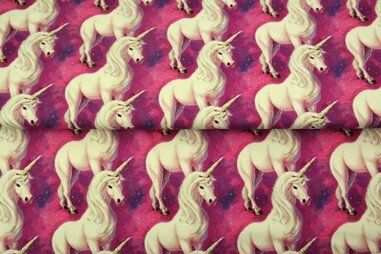 Eenhoorn stoffen - Tricot stof - French Terry - digitaal unicorn - roze - 24512-12