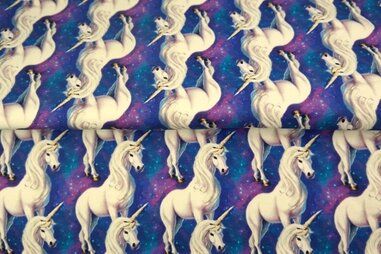 Eenhoorn stoffen - Tricot stof - French Terry - digitaal unicorn - blauw - 24512-15