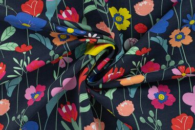 QJUTIE & the Qjutest - Tricot stof - French Terry - bloemen - heel donkerblauw - 20094-001
