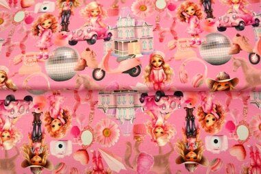 Roze tricot stoffen - Tricot stof - French Terry - digitaal cartoon - roze - 24541-12
