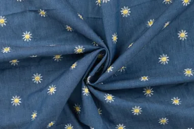 Jeans blauw - Katoen stof - chambré - geborduurde bloemen - jeansblauw - 48044-960
