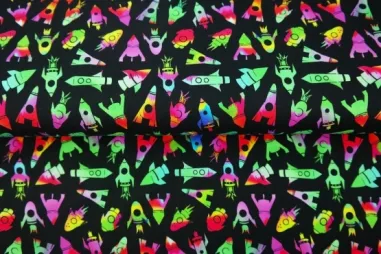 Stenzo stoffen uitverkoop - Tricot stof - digitaal raketten - zwart - 24202-20