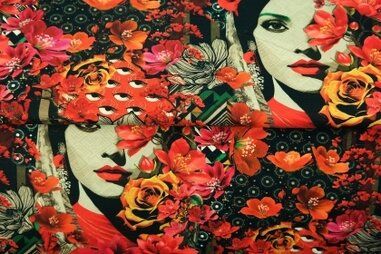 Uitverkoop - Tricot stof - digitaal dame en bloemen - rood multi - 24023-11
