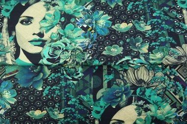 Stenzo stoffen uitverkoop - Tricot stof - digitaal dame en bloemen - groen multi - 24023-99