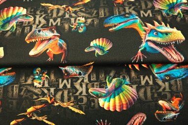 Dino stoffen - Jersey - French Terry - digitaler Dinosaurier - schwarz - 24003