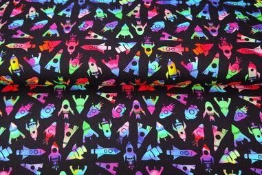 Stenzo stoffen uitverkoop - Tricot stof - digitaal raketten - zwart - 24202-15