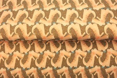Bruine stoffen - Tricot stof - digitaal dinosaurus T-rex - bruin - 24225-33