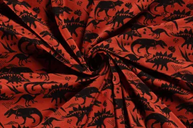 65% polyester, 35% katoen stoffen - Joggingstof - alpenfleece - dinosaurussen - brique - 20474-056