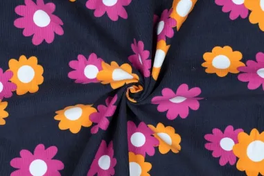 245gr/M² - Ribcord stof - babycord - bloemen - donkerblauw - 24/4073-003