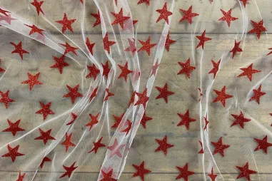 Kerststof - katoen poplin - kerstballen - rood - 22736-015 - Tule stof - glitter sterren - rood - 3033-103