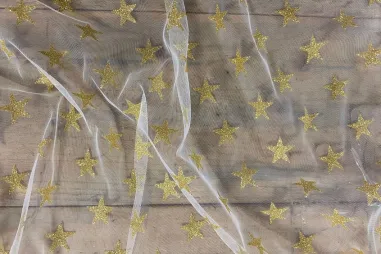 Witte stoffen - Tule stof - glitter sterren - goud - 3033-80