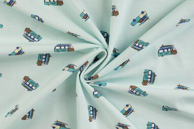 Voertuigen motief stoffen - Tricot stof - surf-busjes - mint - 10339-910