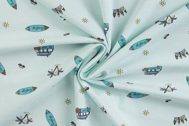 Voertuigen motief stoffen - Tricot stof - surfplank en busje - mint - 10340-910