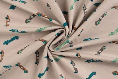 Auto print stoffen - Tricot stof - vintage raceauto's - beige - 10348-520