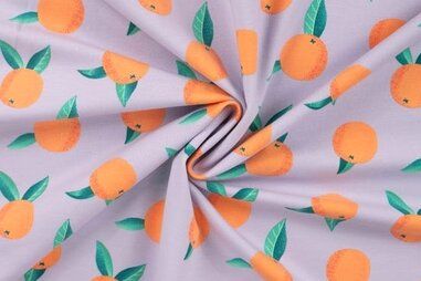 Fruit stoffen - Tricot stof - French Terry - sinaasappels - lila - 20078-430