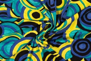 Kobalt blauw - Viscose stof - jersey stretch - cirkels - kobaltblauw multi - 10008-975