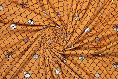 Okergele stoffen - Tricot stof - fantasie dieren - okergeel - 443037-41