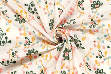 Gestickt - Baumwolle - Popeline - gestickte Blumen - weiß khaki - 23246-027