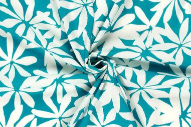 Petrol blauw - Stretch stof - katoen satijn - bloemen - petrol - 23159-024
