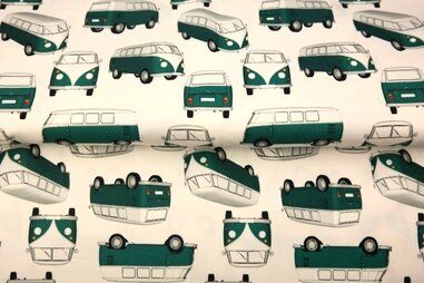 Voertuigen motief stoffen - Tricot stof - digitaal volkswagenbus - groen - 25286-02