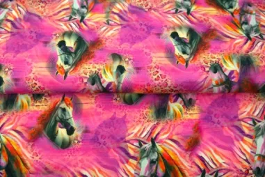 Multi stoffen - Tricot stof - digitaal paarden - roze - 25048