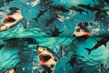 Stenzo stoffen uitverkoop - Tricot stof - digitaal haaien - zeeblauw - 25055