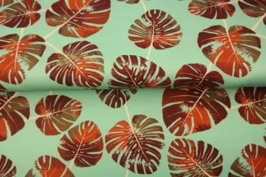 Stenzo stoffen uitverkoop - Tricot stof - digitaal bladeren - mint - 25929-09