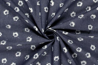 Jeans stoffen - Denim stof - bloemen - donkerblauw - 23217-008