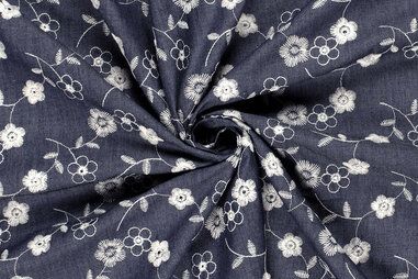Dunkelblau - Denim stof - geborduurd - bloemen - donkerblauw - 23218-008
