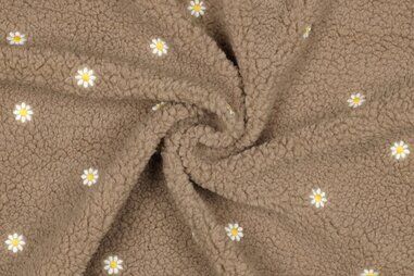 Diverse merken stoffen - Teddy stof - geborduurd bloemen - taupe - 3349-002