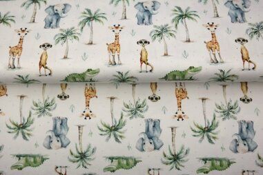 Gebroken witte stoffen - Tricot stof - digitaal safari dieren - gebroken wit - 25229-02 