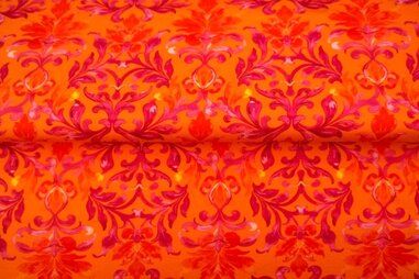 Bloemen Tricot - Tricot stof - digitaal bloemen - oranje rood - 25924-13