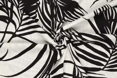 70% viscose, 30% linnen - Viscose stof - linnenmix slub - bladeren - wit zwart - 21555-033