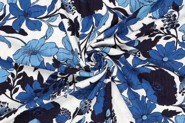 Bloemen motief stoffen - Viscose stof - linnenmix slub - bloemen - blauw - 21559-602
