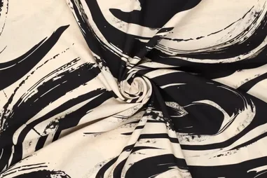 Zwart / Wit stoffen - Viscose stof - linnenmix - digitaal swirls - creme zwart - 21563-176