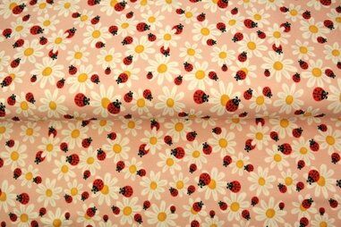 Stenzo stoffen - Tricot stof - digitaal bloemen en lieveheersbeestjes - lichtroze - 25221-12