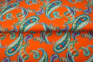 Tricot stoffen - Tricot stof - digitaal paisley - oranje - 25916-13