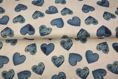 Tricot stoffen - Tricot stof - digitaal hartjes - gebroken wit - 25292-02