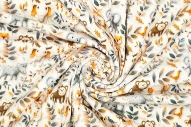 97% katoen, 3% elastan stoffen - Tricot stof - digitaal 3D - safari dieren - gebroken wit - 923473-30