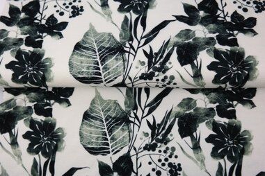95% viscose, 5% elastan stoffen - Tricot stof - digitaal planten - zwart wit - 25800-02VI