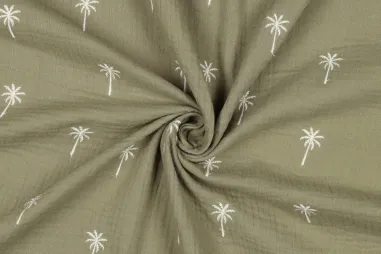 Moosgrün - Musselin - bestickt - Palmen - moosgrün - 3647-062