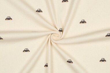 Voertuigen motief stoffen - Tricot stof - rib jersey - kleine auto's - naturel - 5222-003