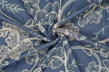 Niet rekbare stoffen - Stickereistoff - Denim - Blätter - Jeans blau - 21927-695