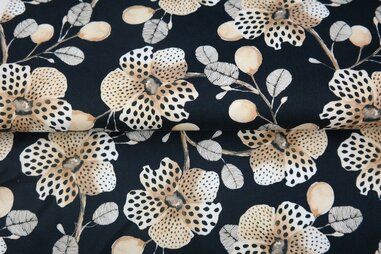 97% katoen, 3% elastan stoffen - Stretch stof - satijn - digitaal bloemen - zwart - 25705-20CS