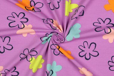 By Poppy - Tricot stof - bloemen - paars - 5096-005