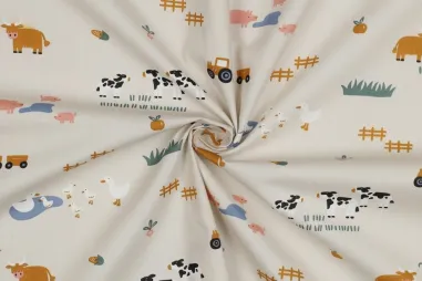 katoenen stoffen met print - Katoen stof - poplin - boerderij - crème - 5174-002
