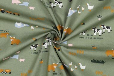 katoenen stoffen met print - Katoen stof - poplin - boerderij - legergroen - 5174-003
