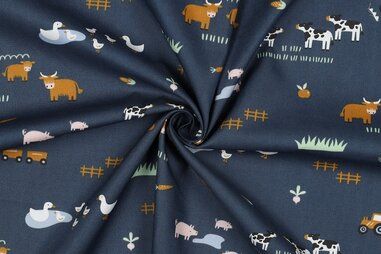 110gr/M² - Katoen stof - poplin - boerderij - blauw - 5174-007